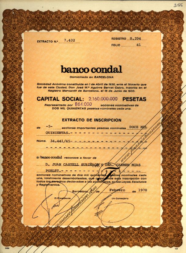 Banco Condal: extracto de inscripción de acciones
