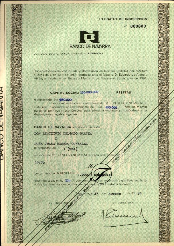 Banco de Navarra: extracto de inscripción de acciones.