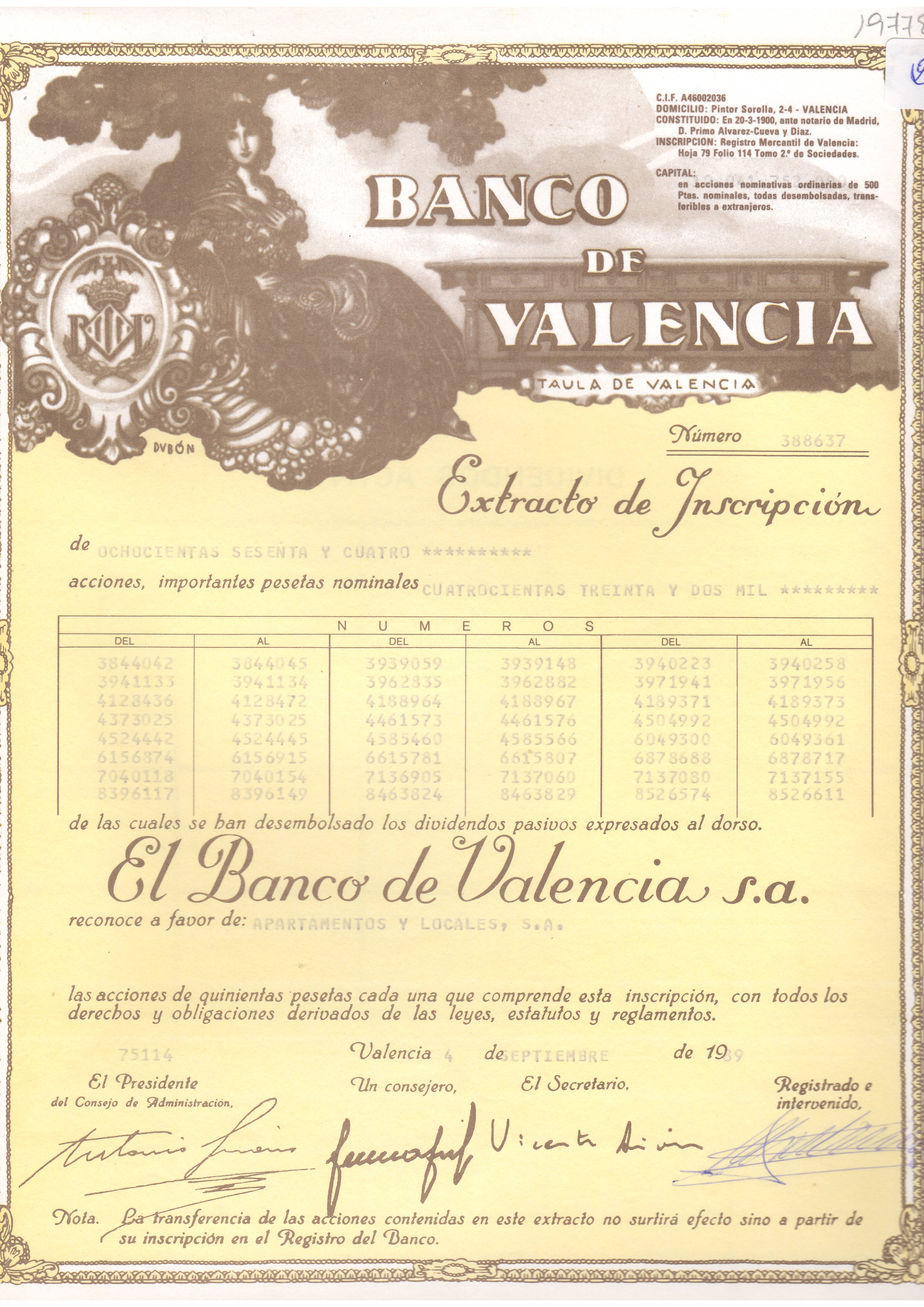 Banco de Valencia: extracto de inscripción de acciones nominativas