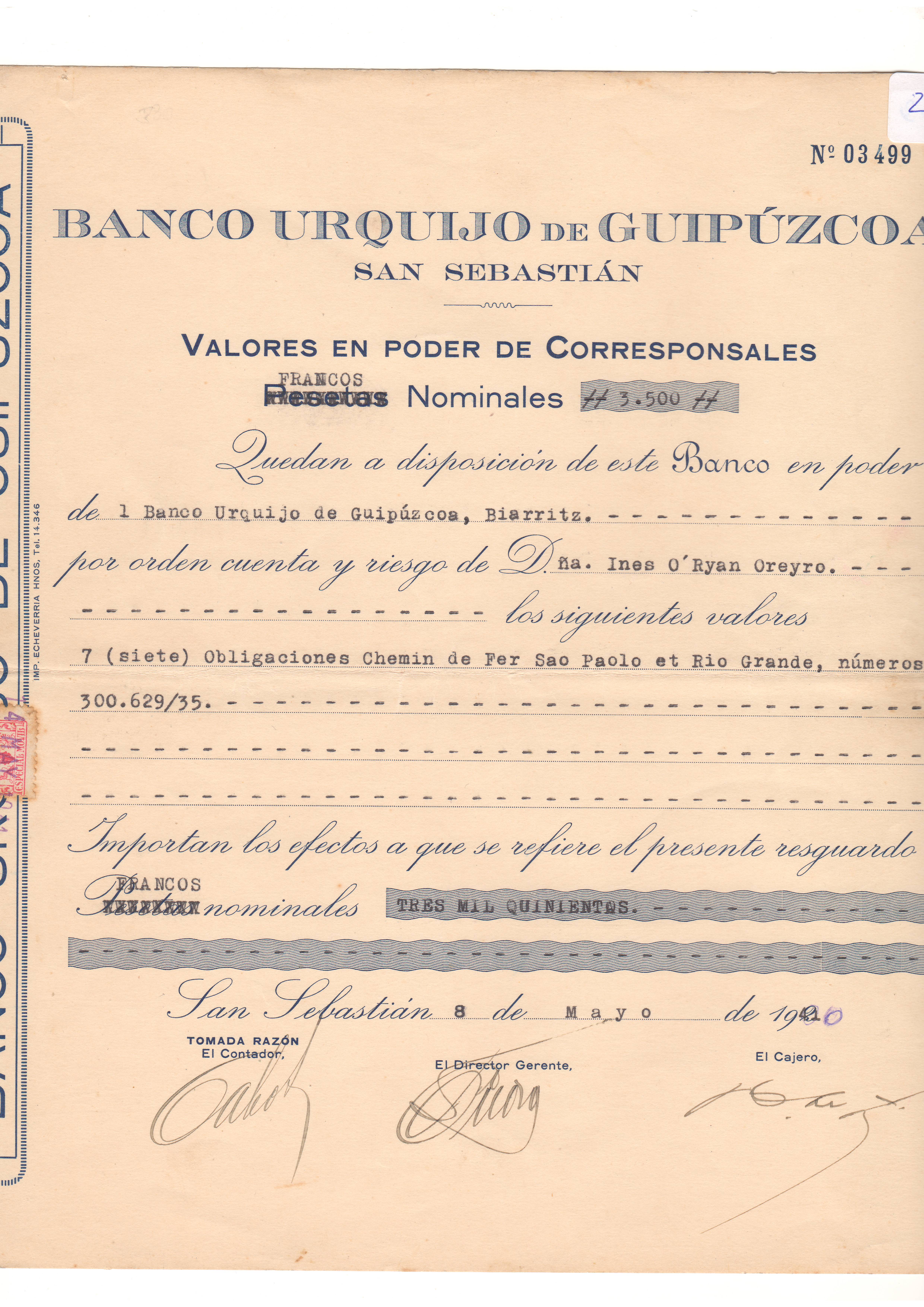 Banco Urquijo de Guipúzcoa: resguardo de depósito de valores