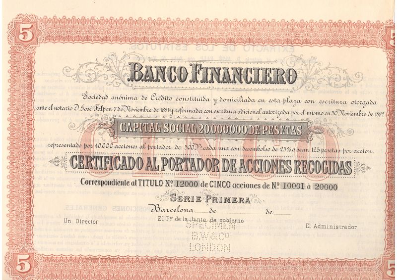 Banco Financiero: facsímil  de certificado de acciones