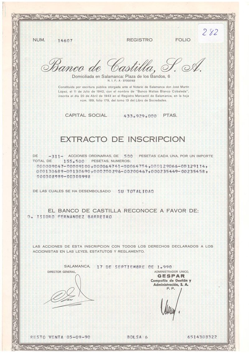 Banco de Castilla: extracto de inscripción de acciones