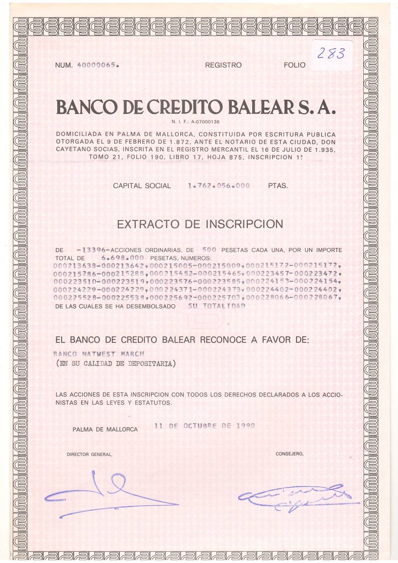 Banco de Crédito Balear: extracto de inscripción  de acciones