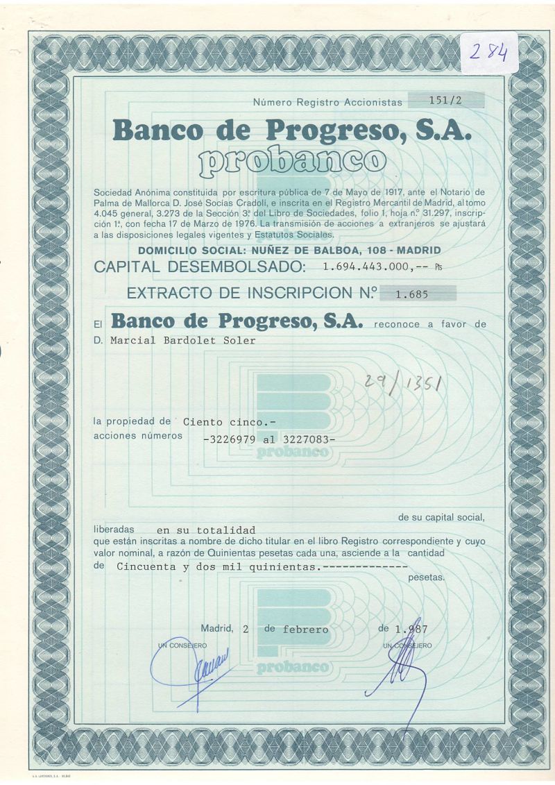 Banco de Progreso: extracto de inscripción de acciones