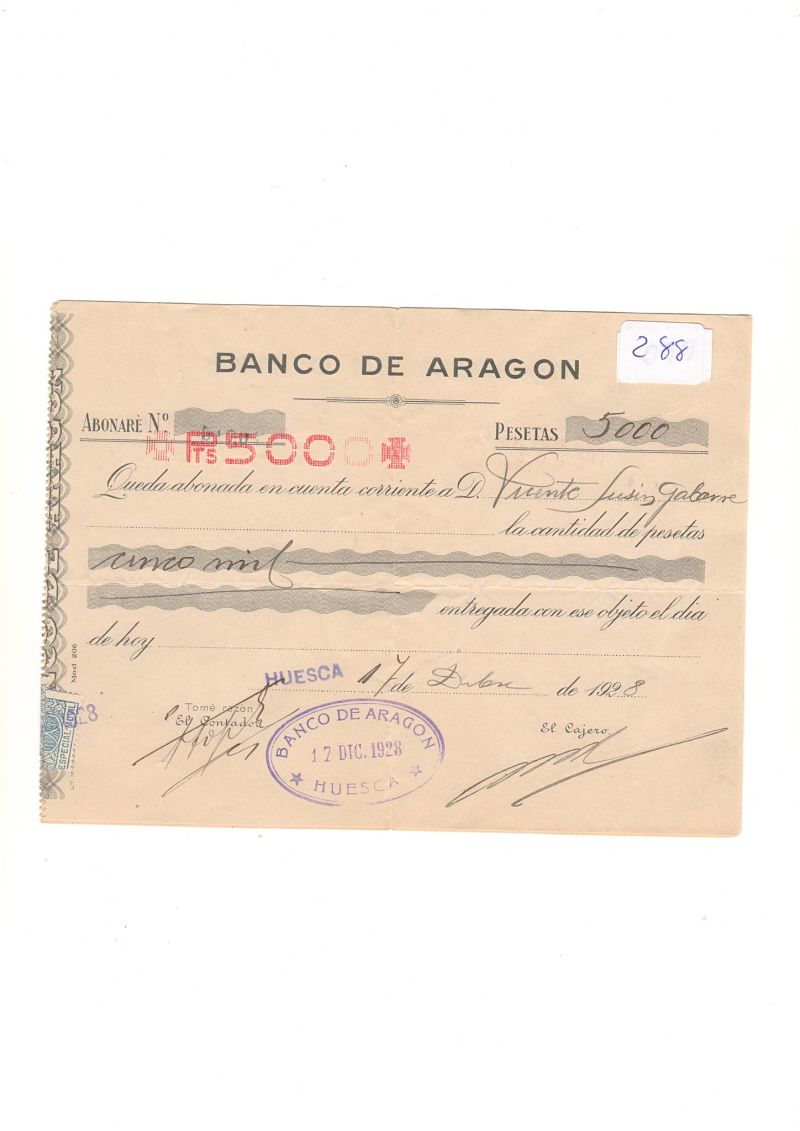 Banco de Aragón: resguardo de ingreso en cuenta corriente