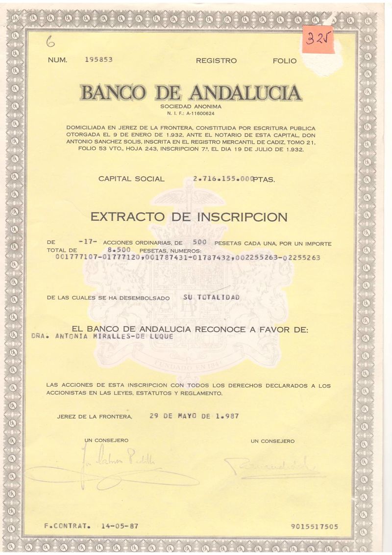 Banco de Andalucía: extracto de inscripción de acciones