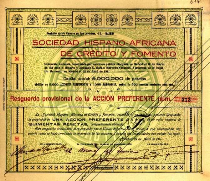Sociedad Hispano-Africana de Crédito y Fomento: resguardo provisional acción preferente